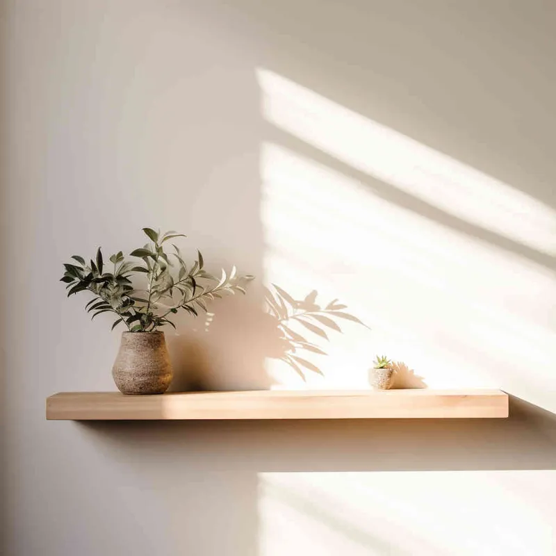 A Small ornament sits delicately on a wooden shelf, set against a backdrop of a pristine white wall bathed in a beam of sunlight. The photograph showcases a symmetrical and harmonious composition, with the plant perfectly centered in the frame. --ar 1:1 --seed 1930011979 --v 5.2 - style4部分