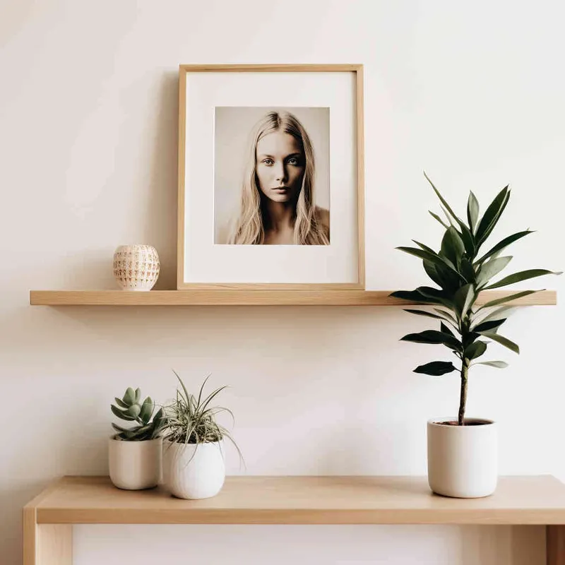 A photo frame sits delicately on a wooden shelf, set against a backdrop of a pristine white wall bathed in a beam of sunlight. The photograph showcases a symmetrical and harmonious composition, with the plant perfectly centered in the frame. --ar 1:1 --seed 1930011979 --v 5.2 - style1部分