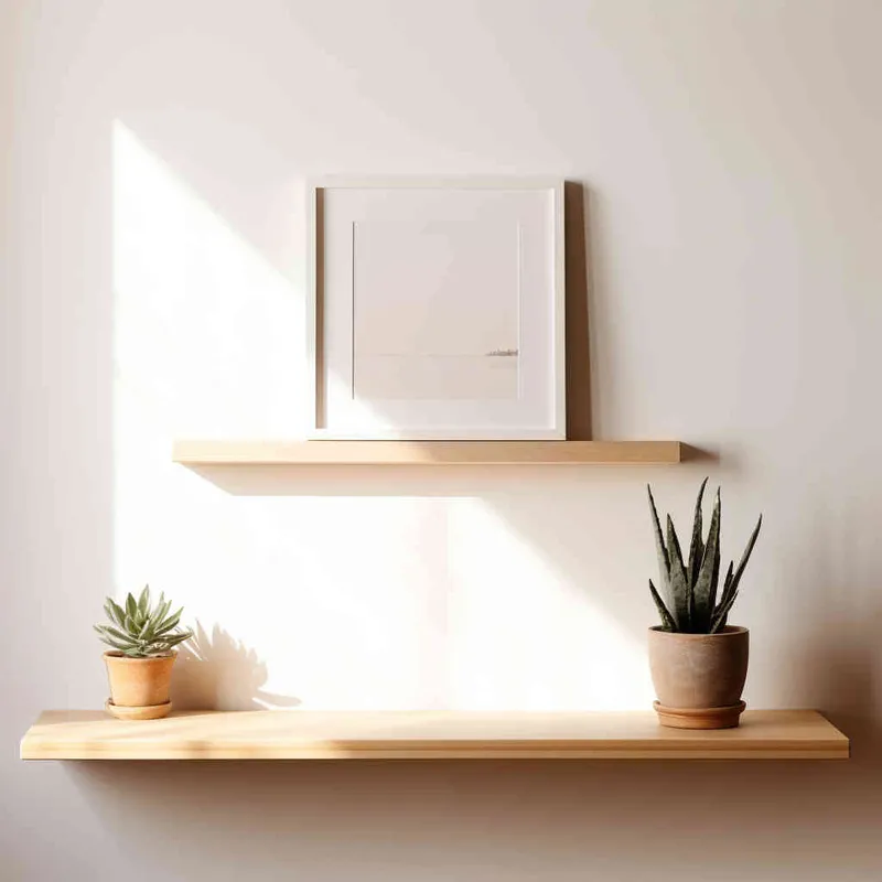 A photo frame sits delicately on a wooden shelf, set against a backdrop of a pristine white wall bathed in a beam of sunlight. The photograph showcases a symmetrical and harmonious composition, with the plant perfectly centered in the frame. --ar 1:1 --seed 1930011979 --v 5.2 - style2部分