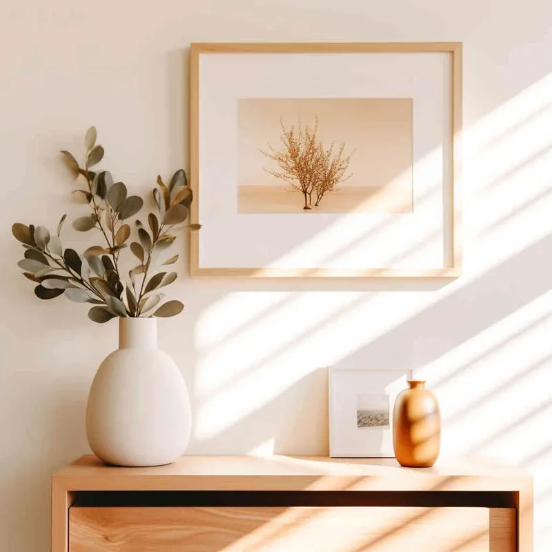 A photo frame sits delicately on a wooden shelf, set against a backdrop of a pristine white wall bathed in a beam of sunlight. The photograph showcases a symmetrical and harmonious composition, with the plant perfectly centered in the frame. --ar 1:1 --seed 1930011979 --v 5.2 - style3部分