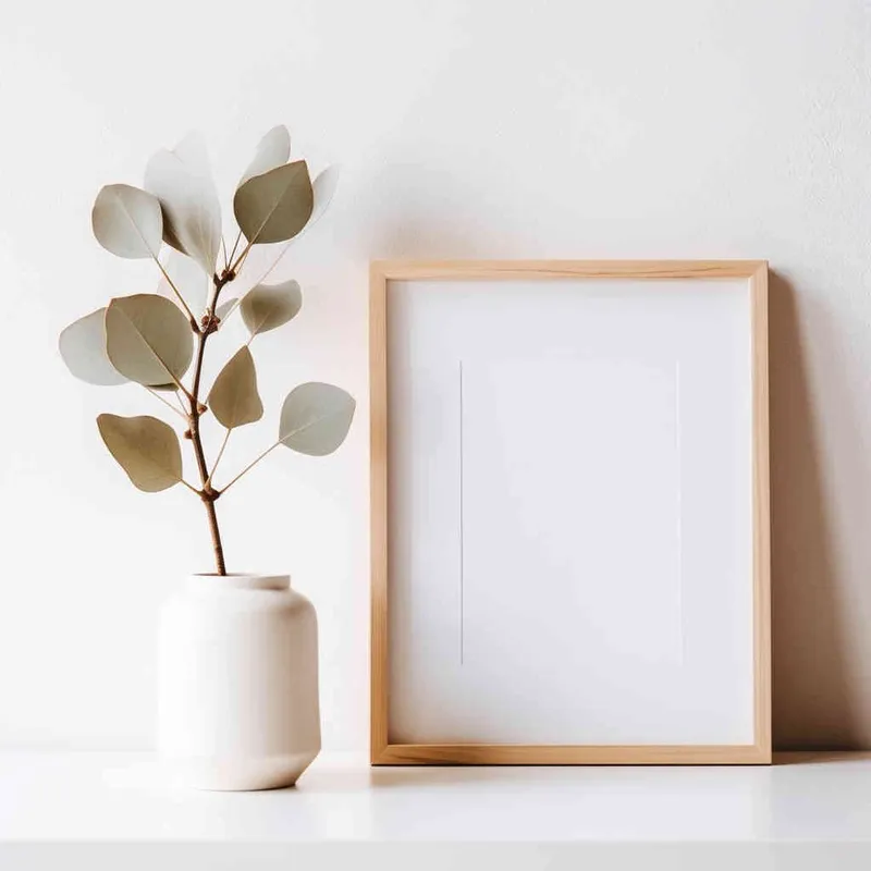 A photo frame sits delicately on a wooden shelf, set against a backdrop of a pristine white wall bathed in a beam of sunlight. The photograph showcases a symmetrical and harmonious composition, with the plant perfectly centered in the frame. --ar 1:1 --seed 1930011979 --v 5.2 - style4部分