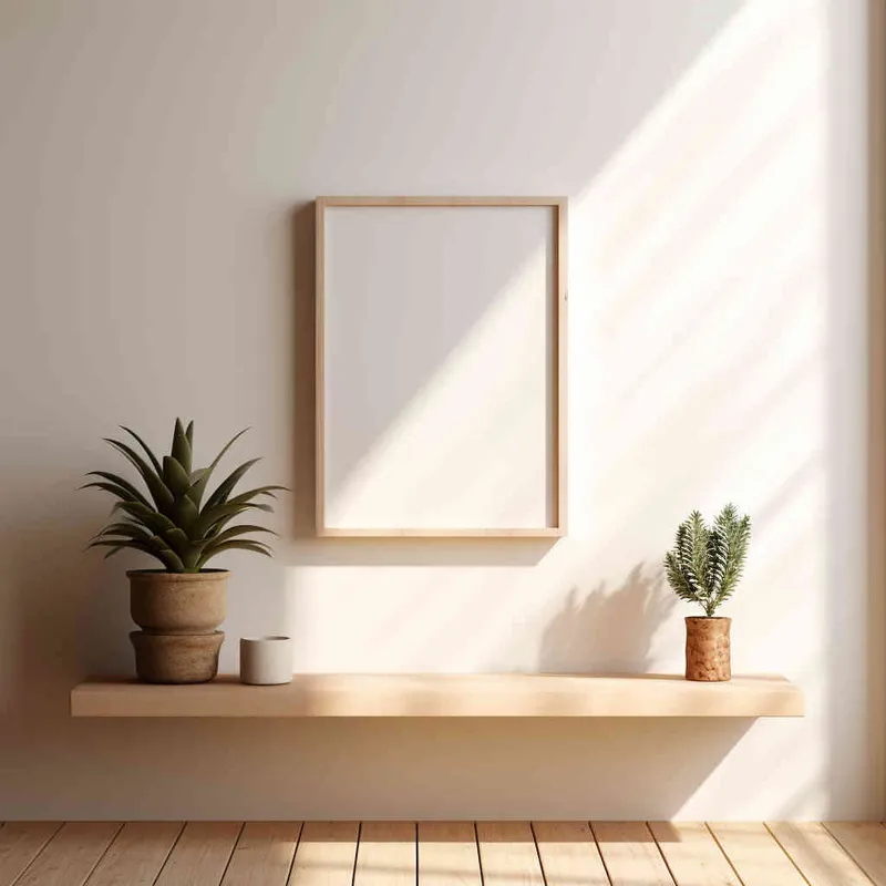 A vertical rectangular photo frame sits delicately on a wooden shelf, set against a backdrop of a pristine white wall bathed in a beam of sunlight. The photograph showcases a symmetrical and harmonious composition, with the plant perfectly centered in the frame. --ar 1:1 --seed 1930011979 --v 5.2 - style1部分