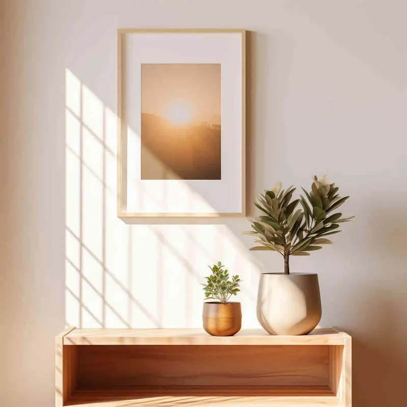 A vertical rectangular photo frame sits delicately on a wooden shelf, set against a backdrop of a pristine white wall bathed in a beam of sunlight. The photograph showcases a symmetrical and harmonious composition, with the plant perfectly centered in the frame. --ar 1:1 --seed 1930011979 --v 5.2 - style2部分