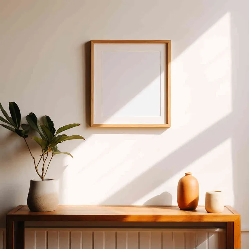 A vertical rectangular photo frame sits delicately on a wooden shelf, set against a backdrop of a pristine white wall bathed in a beam of sunlight. The photograph showcases a symmetrical and harmonious composition, with the plant perfectly centered in the frame. --ar 1:1 --seed 1930011979 --v 5.2 - style3部分