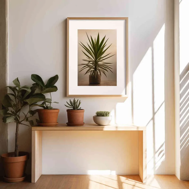 A vertical rectangular photo frame sits delicately on a wooden shelf, set against a backdrop of a pristine white wall bathed in a beam of sunlight. The photograph showcases a symmetrical and harmonious composition, with the plant perfectly centered in the frame. --ar 1:1 --seed 1930011979 --v 5.2 - style4部分