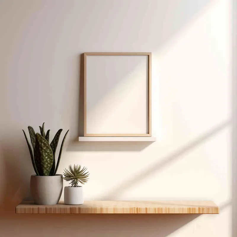 A vertical rectangular photo frame placed on a wooden shelf, set against a backdrop of a pristine white wall bathed in a beam of sunlight. The photograph showcases a symmetrical and harmonious composition, with the plant perfectly centered in the frame. --ar 1:1 --seed 1930011979 --v 5.2 - style1部分
