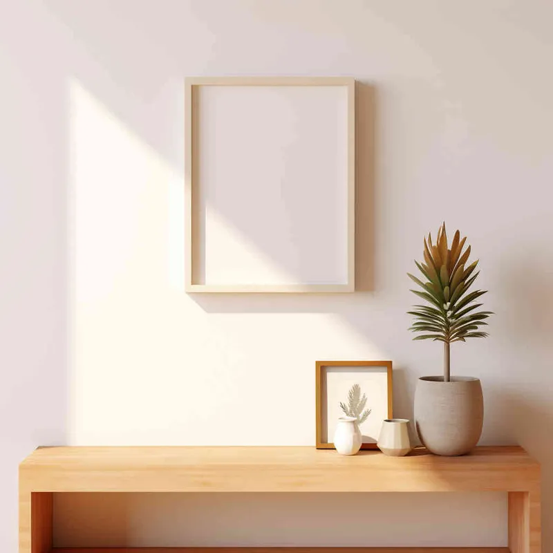 A vertical rectangular photo frame placed on a wooden shelf, set against a backdrop of a pristine white wall bathed in a beam of sunlight. The photograph showcases a symmetrical and harmonious composition, with the plant perfectly centered in the frame. --ar 1:1 --seed 1930011979 --v 5.2 - style2部分