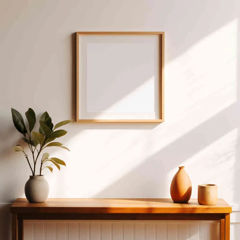A vertical rectangular photo frame placed on a wooden shelf, set against a backdrop of a pristine white wall bathed in a beam of sunlight. The photograph showcases a symmetrical and harmonious composition, with the plant perfectly centered in the frame. --ar 1:1 --seed 1930011979 --v 5.2 - style3部分