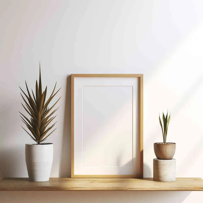 A vertical rectangular photo frame placed on a wooden shelf, set against a backdrop of a pristine white wall bathed in a beam of sunlight. The photograph showcases a symmetrical and harmonious composition, with the plant perfectly centered in the frame. --ar 1:1 --seed 1930011979 --v 5.2 - style4部分