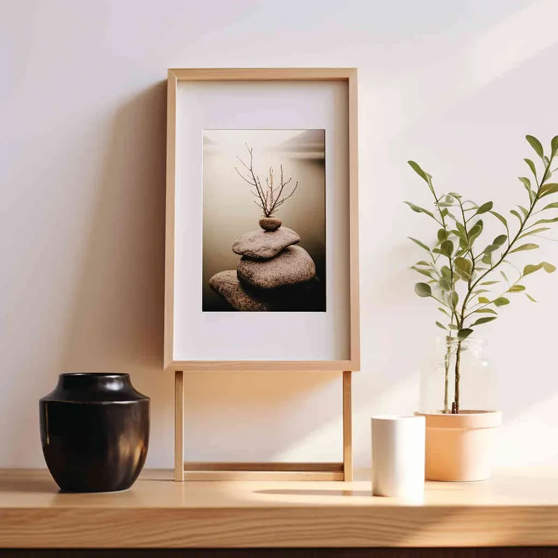 A small vertical rectangular photo frame placed on a wooden shelf,set against a backdrop of a pristine white wall bathed in a beam of sunlight. The photograph showcases a symmetrical and harmonious composition, with the plant perfectly centered in the frame. --ar 1:1 --seed 1930011979 --v 5.2 - style1部分