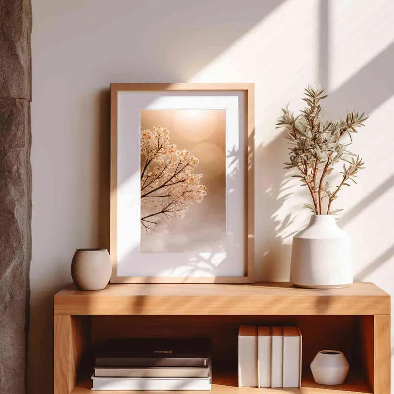 A small vertical rectangular photo frame placed on a wooden shelf,set against a backdrop of a pristine white wall bathed in a beam of sunlight. The photograph showcases a symmetrical and harmonious composition, with the plant perfectly centered in the frame. --ar 1:1 --seed 1930011979 --v 5.2 - style2部分