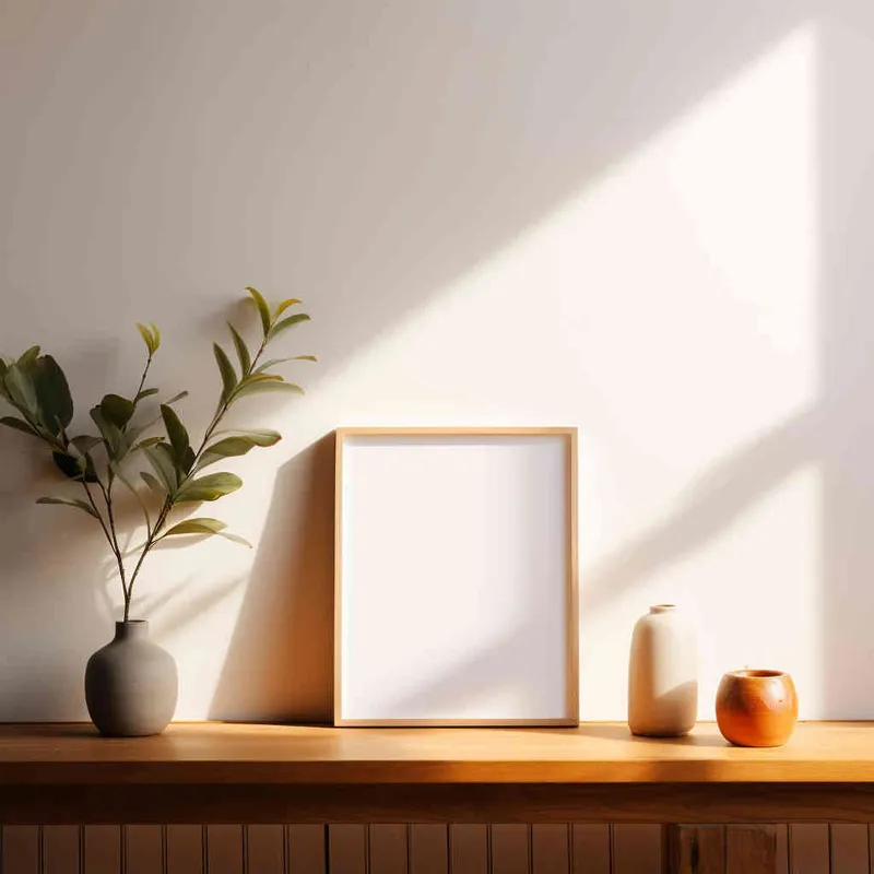 A small vertical rectangular photo frame placed on a wooden shelf,set against a backdrop of a pristine white wall bathed in a beam of sunlight. The photograph showcases a symmetrical and harmonious composition, with the plant perfectly centered in the frame. --ar 1:1 --seed 1930011979 --v 5.2 - style3部分