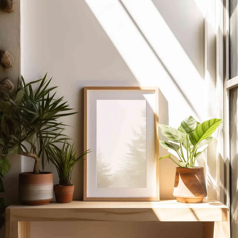 A small vertical rectangular photo frame placed on a wooden shelf,set against a backdrop of a pristine white wall bathed in a beam of sunlight. The photograph showcases a symmetrical and harmonious composition, with the plant perfectly centered in the frame. --ar 1:1 --seed 1930011979 --v 5.2 - style4部分