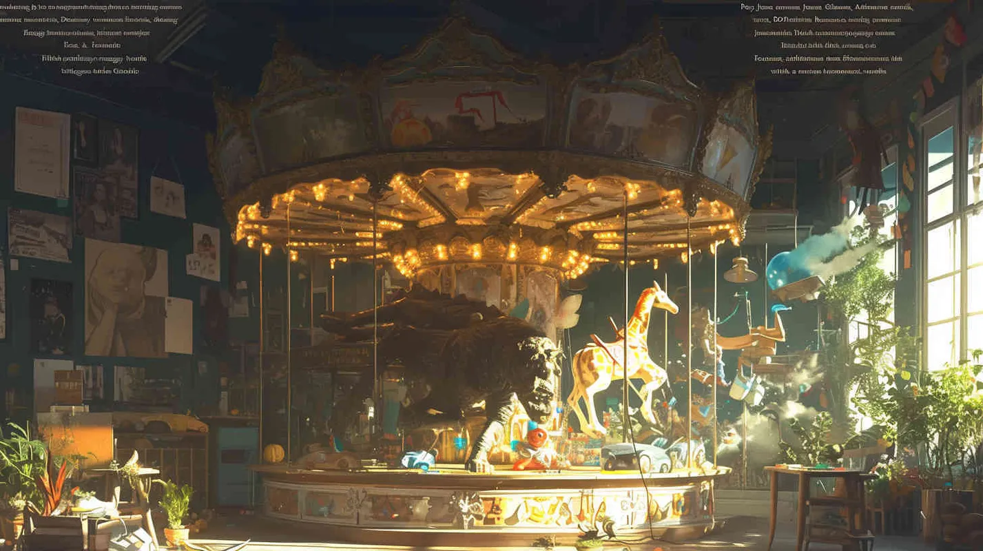 Painting by james jean and todd schorr, adrian ghenie, Henri Rousseau, sun, summer, Anime aesthetic, movie still, cinematic, # DoF, fog, light leaks, dreamy, foggy, vintage movie still of a grown pretty woman playing with an amazing big fat surrealist sculpture of a magic, carousel with monsters , doll by takashi murakami and hikari shimoda, garden with house, smoke, trees, sky, clouds, giraffe, carousel, light colors, deep blue, Rocket , made out of various materials, in a minimalist colorful room with toys and art displays hanging on the walls, special effects, behance contest winner, toyism, grotesque, freakshow, behance hd, clouds, smoke, water, fire, ice, wind, diorama, artwork by nick knight and david lachapelle, rover, Big doll , toys, house in Bauhaus form and Do Ho Suh style, golden fruits, tv, retro futuristic car, realistic, detailed, high detailed, maximalism, in style david lachapelle and hajime sorayama --q 2 --niji 5  - style2部分