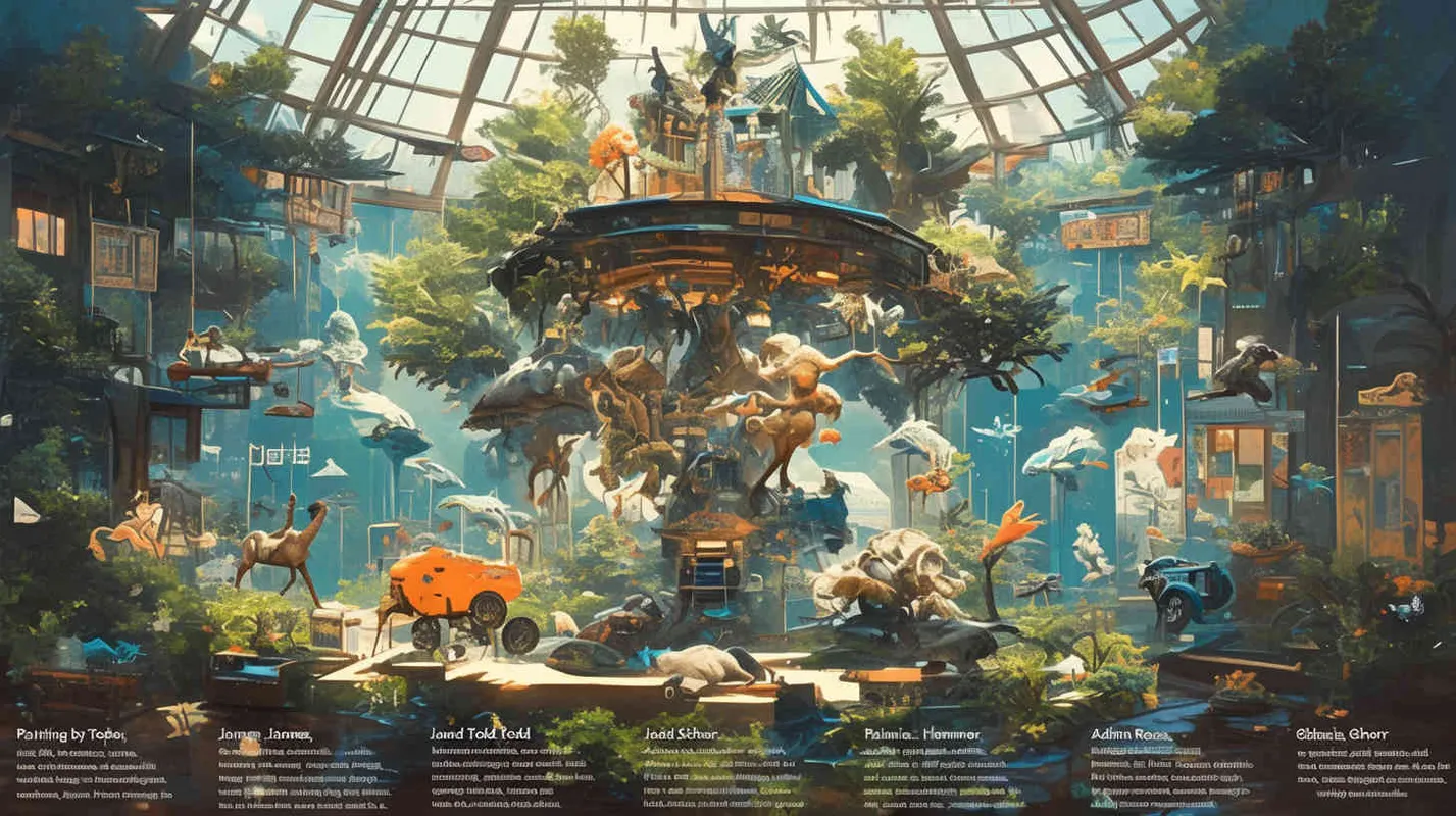 Painting by james jean and todd schorr, adrian ghenie, Henri Rousseau, sun, summer, Anime aesthetic, movie still, cinematic, # DoF, fog, light leaks, dreamy, foggy, vintage movie still of a grown pretty woman playing with an amazing big fat surrealist sculpture of a magic, carousel with monsters , doll by takashi murakami and hikari shimoda, garden with house, smoke, trees, sky, clouds, giraffe, carousel, light colors, deep blue, Rocket , made out of various materials, in a minimalist colorful room with toys and art displays hanging on the walls, special effects, behance contest winner, toyism, grotesque, freakshow, behance hd, clouds, smoke, water, fire, ice, wind, diorama, artwork by nick knight and david lachapelle, rover, Big doll , toys, house in Bauhaus form and Do Ho Suh style, golden fruits, tv, retro futuristic car, realistic, detailed, high detailed, maximalism, in style david lachapelle and hajime sorayama --q 2 --niji 5  - style3部分