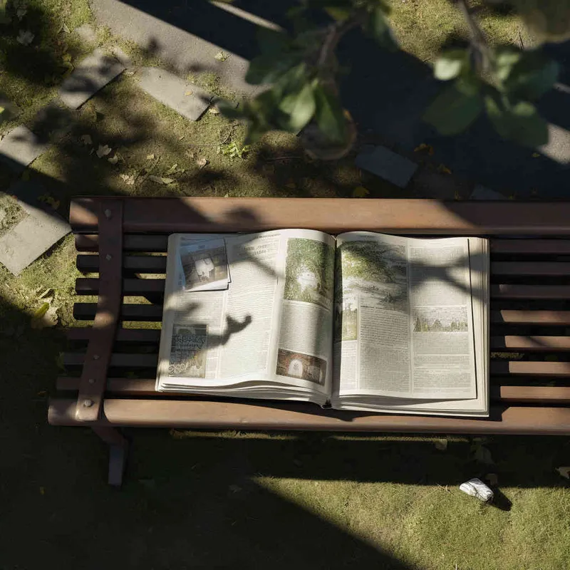 A 32 volume literary novel on a bench in the park, with afternoon sunlight shining on the cover of the book. Photo taken from a 45 degree overhead view, close-up,–ar 1:1 –v 5.2 – AI绘画作品展示 | Midjourney中文版生成