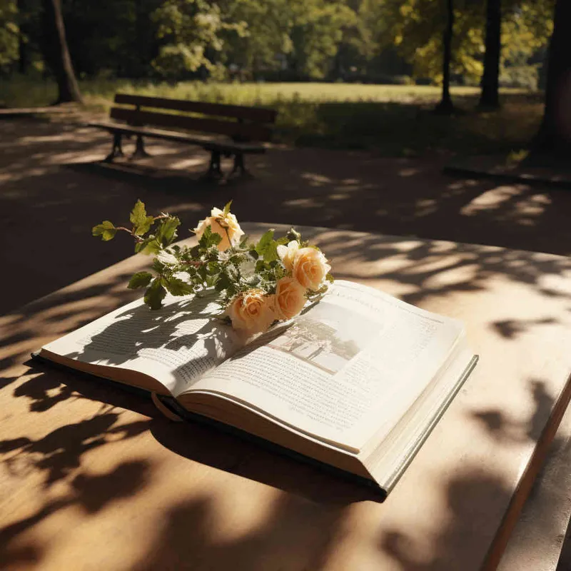 a book is on a bench in the park, with the afternoon sunlight shining on the cover of the book. Photo taken from a 45 degree overhead view, close-up,--ar 1:1 --v 5.2 - AI绘画作品展示 | Midjourney中文版生成