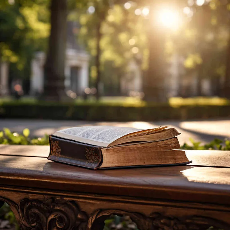 A closed book is placed on a bench in the park, with the afternoon sunlight shining on the cover of the book. The photo style features a 45 degree angle and close-up shotst,--ar 1:1 --v 5.2 - AI绘画作品展示 | Midjourney中文版生成