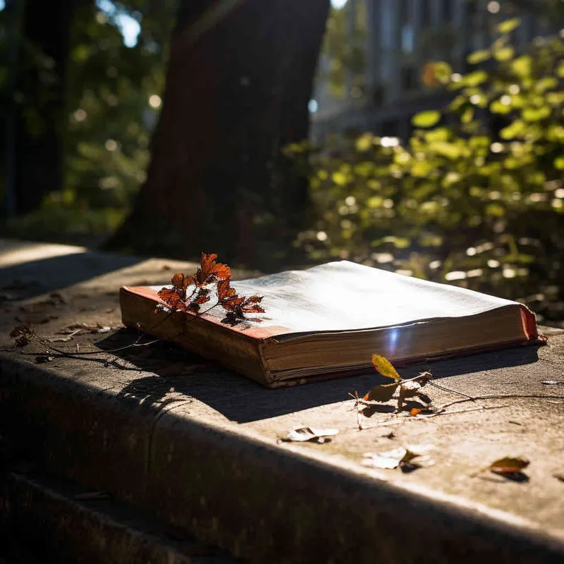 A closed book is placed on a bench in the park, with the afternoon sunlight shining on the cover of the book. The photo style features a 45 degree angle and close-up shotst,--ar 1:1 --v 5.2 - AI绘画作品展示 | Midjourney中文版生成