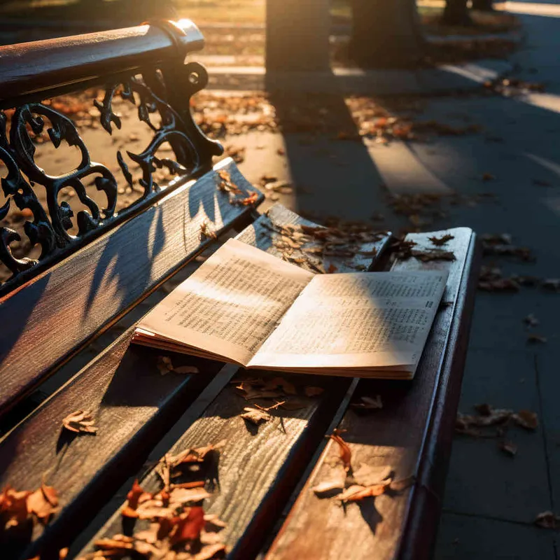 A closed book is placed on a bench in the park, and the afternoon sunlight shines on the cover of the book. The photo style, with a 45 degree angle of view, is highly visible to adults,--ar 1:1 --v 5.2 - style4部分