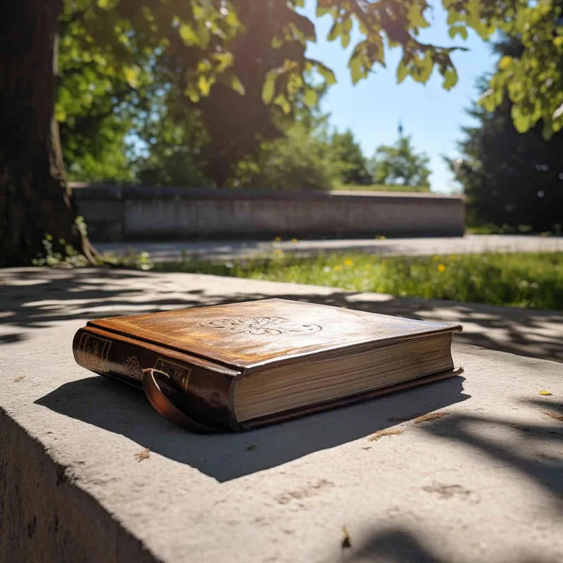 A closed book is placed on a bench in the park, with the noon sun shining on the cover of the book. The photo style features a 45 degree angle of view - style2部分