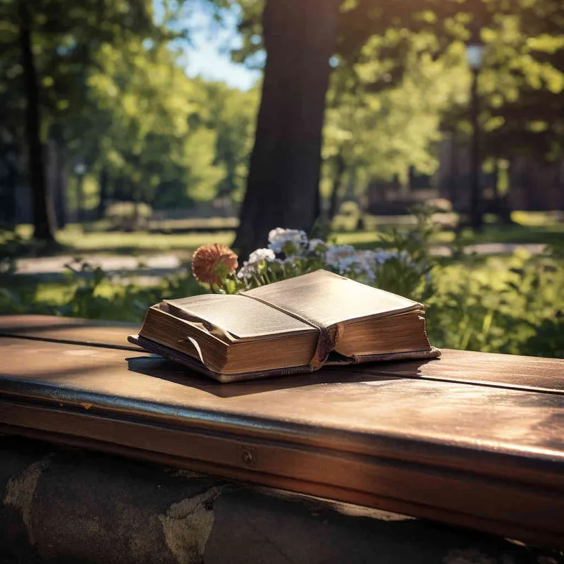 A closed book is placed on a bench in the park, with the noon sun shining on the cover of the book. The photo style features a 45 degree angle of view - style3部分