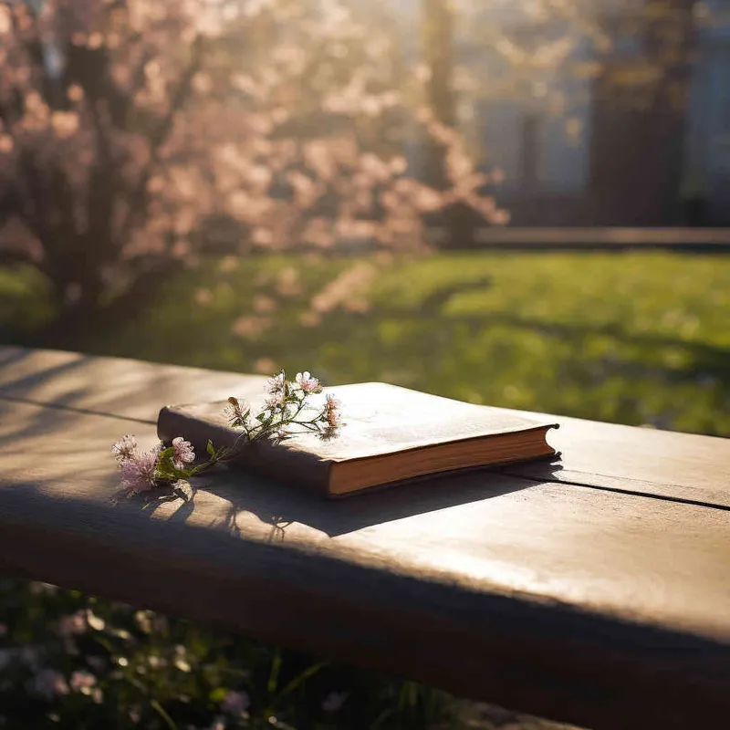 A closed book is placed on a bench in the park, with the noon sun shining on the cover of the book. The photo style features a 45 degree angle of view - style4部分