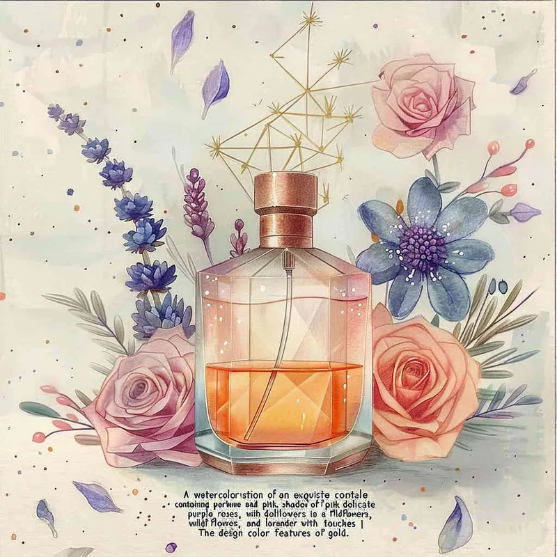 A watercolor realistic detailed illustration of an elegant crystal bottle with perfume and flowers in orange and pink hues surrounded by tiny roses, blue and purple wildflowers, and lavender in a light beige hue on the side with gold accents inside. It is illustrated as flat shapes set against a pastel background with warm, cozy tones in a minimalistic, modern, dynamic and expressive handdrawn style in the style of a cartoon with line art, geometric details, and natural patterns - style1部分