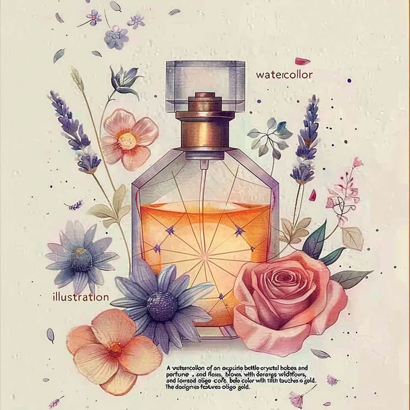 A watercolor realistic detailed illustration of an elegant crystal bottle with perfume and flowers in orange and pink hues surrounded by tiny roses, blue and purple wildflowers, and lavender in a light beige hue on the side with gold accents inside. It is illustrated as flat shapes set against a pastel background with warm, cozy tones in a minimalistic, modern, dynamic and expressive handdrawn style in the style of a cartoon with line art, geometric details, and natural patterns - style2部分