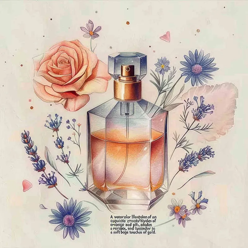 A watercolor realistic detailed illustration of an elegant crystal bottle with perfume and flowers in orange and pink hues surrounded by tiny roses, blue and purple wildflowers, and lavender in a light beige hue on the side with gold accents inside. It is illustrated as flat shapes set against a pastel background with warm, cozy tones in a minimalistic, modern, dynamic and expressive handdrawn style in the style of a cartoon with line art, geometric details, and natural patterns - style3部分