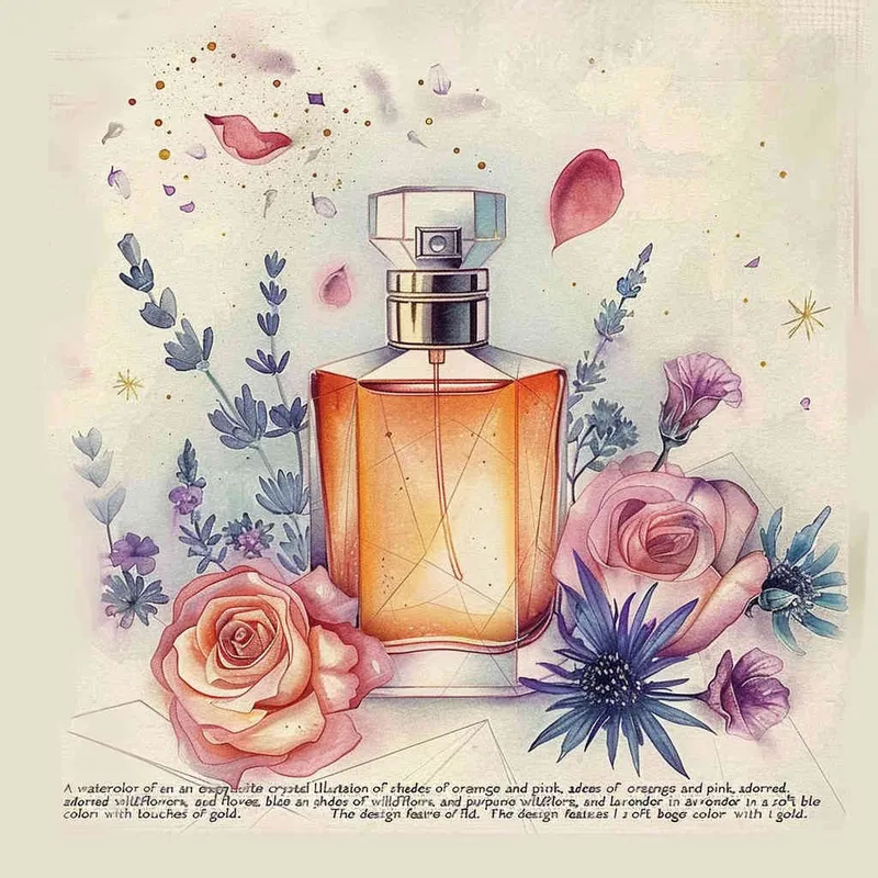 A watercolor realistic detailed illustration of an elegant crystal bottle with perfume and flowers in orange and pink hues surrounded by tiny roses, blue and purple wildflowers, and lavender in a light beige hue on the side with gold accents inside. It is illustrated as flat shapes set against a pastel background with warm, cozy tones in a minimalistic, modern, dynamic and expressive handdrawn style in the style of a cartoon with line art, geometric details, and natural patterns - style4部分