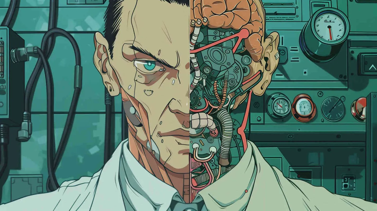 我要设计一个医生的半身像,他是男性,头部一半是人类,一般是机器。画面要日本卡通风格,不要太吓人。 - AI绘画作品展示 | Midjourney中文版生成