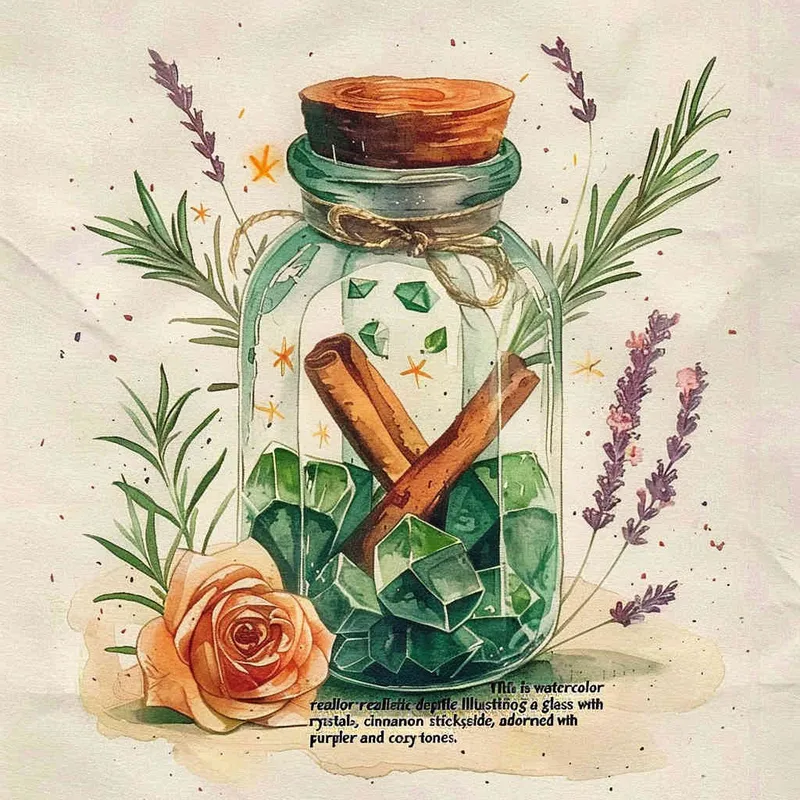 这是一副水彩写实细节插画，描绘了一个玻璃瓶，瓶内有绿水晶、肉桂棒和新鲜迷迭香，周围有紫色薰衣草和粉色玫瑰点缀，以温暖舒适的色调为衬托 - style2部分