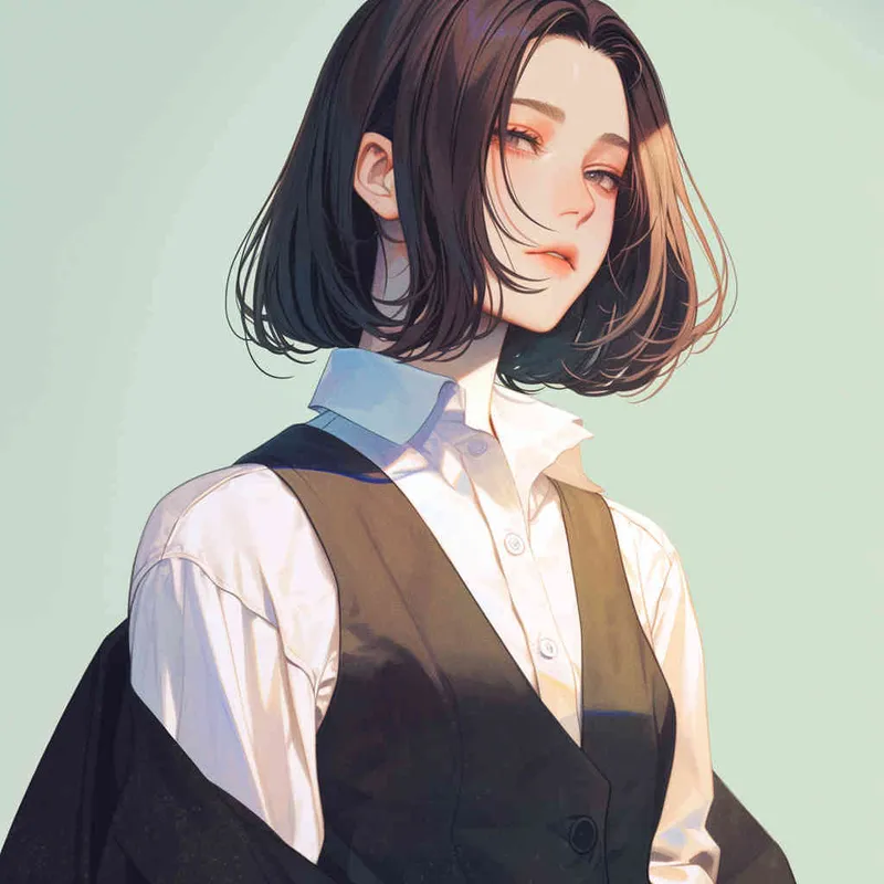 中性短发女孩，身穿白色棉麻禁欲系衬衫，外搭黑色西装，全身形象，韩漫立绘风格 - style2部分