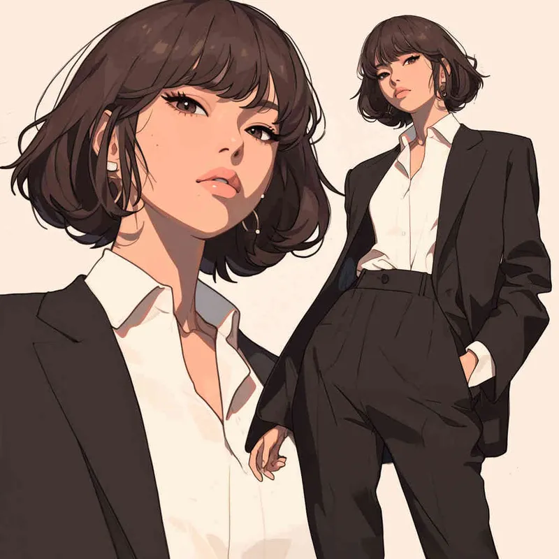 中性短发女孩，身穿白色棉麻禁欲系衬衫，外搭黑色西装，全身形象，韩漫立绘风格 - style3部分