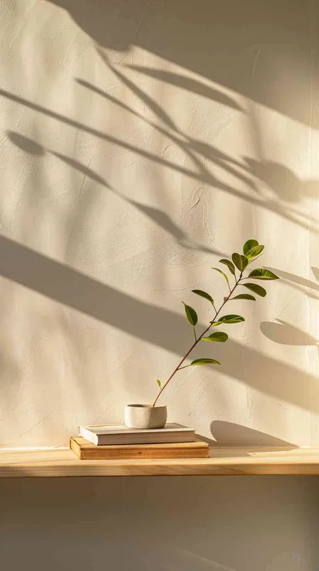 A book is placed on a wooden shelf, contrasting with a backdrop of a flawless white wall illuminated by a stream of sunlight. The image presents a balanced and elegant arrangement, with the plant flawlessly positioned at the center of the frame. --ar 1:1 --v 5.2  - style1部分