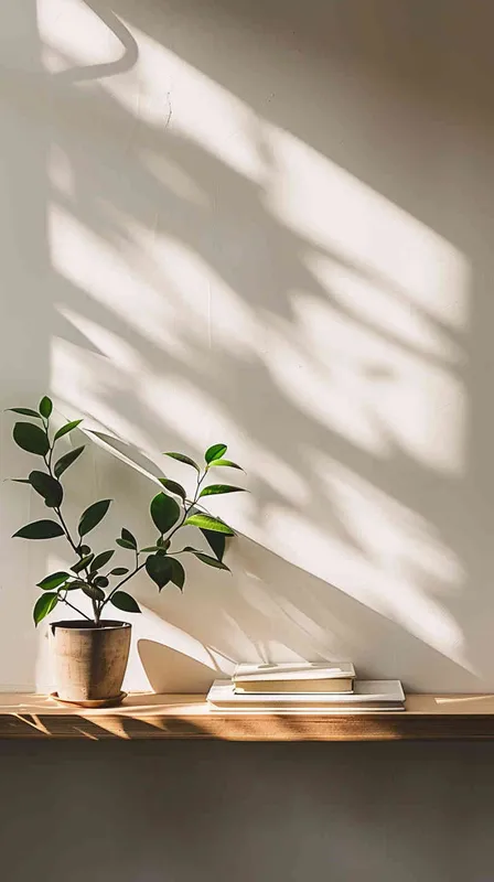 A book is placed on a wooden shelf, contrasting with a backdrop of a flawless white wall illuminated by a stream of sunlight. The image presents a balanced and elegant arrangement, with the plant flawlessly positioned at the center of the frame. --ar 1:1 --v 5.2  - style2部分