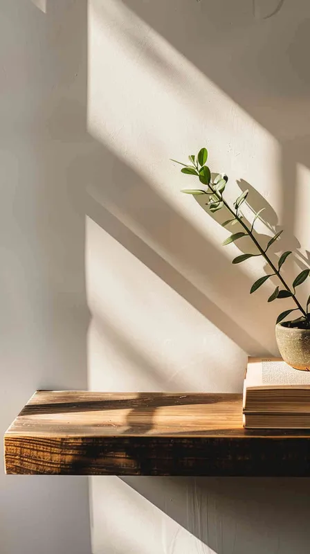 A book is placed on a wooden shelf, contrasting with a backdrop of a flawless white wall illuminated by a stream of sunlight. The image presents a balanced and elegant arrangement, with the plant flawlessly positioned at the center of the frame. --ar 1:1 --v 5.2  - style3部分