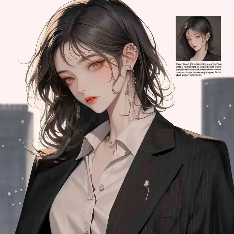 中性超级短发女孩，身穿白色棉麻禁欲系衬衫，外搭黑色西装，全身形象，韩漫立绘风格 – AI绘画作品展示 | Midjourney中文版生成