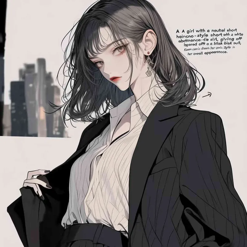 中性板寸头发女孩，身穿白色棉麻禁欲系衬衫，外搭黑色西装，全身形象，韩漫立绘风格 - style1部分