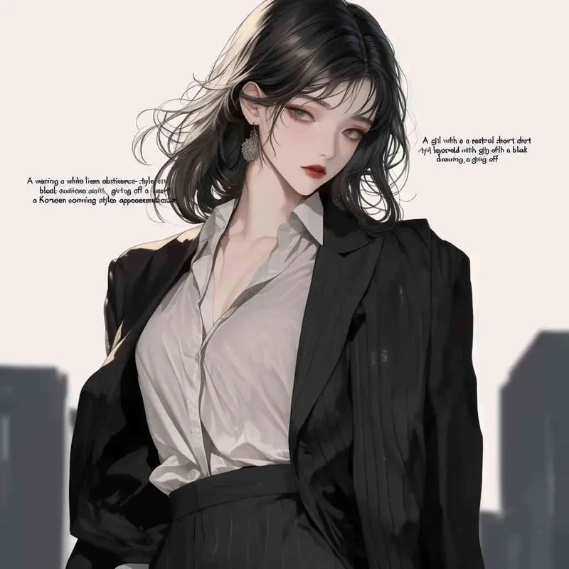 中性板寸头发女孩，身穿白色棉麻禁欲系衬衫，外搭黑色西装，全身形象，韩漫立绘风格 - style2部分