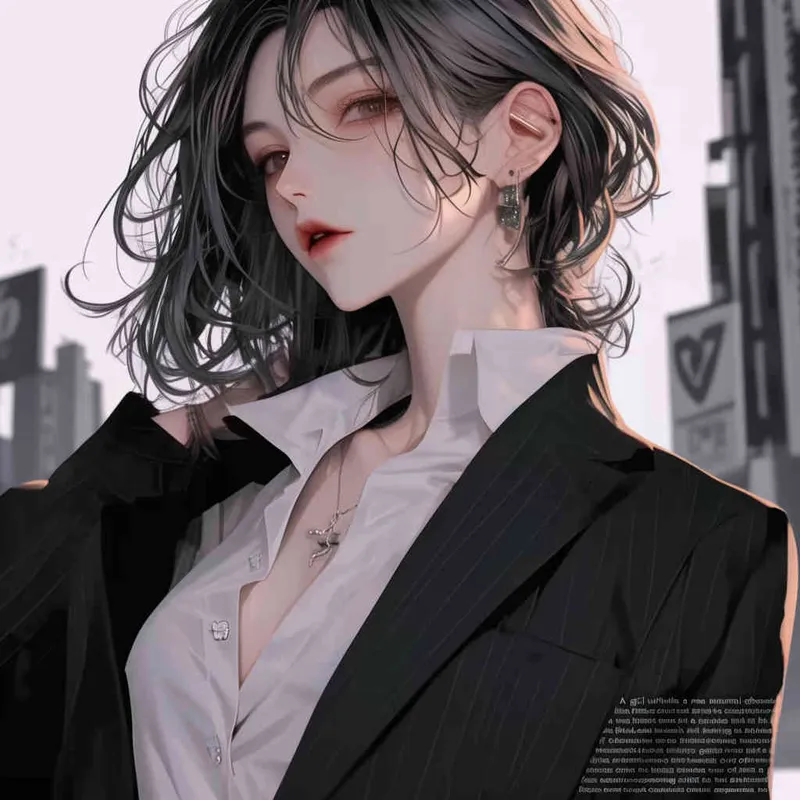 中性板寸头发女孩，身穿白色棉麻禁欲系衬衫，外搭黑色西装，全身形象，韩漫立绘风格 - style3部分