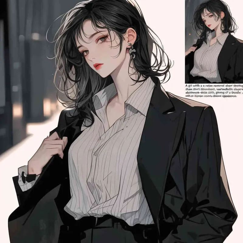 中性板寸头发女孩，身穿白色棉麻禁欲系衬衫，外搭黑色西装，全身形象，韩漫立绘风格 - style4部分