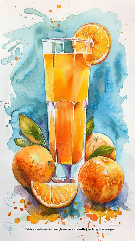 这是一副水彩写实细节插画，描绘了一个玻璃杯，杯内有橙汁，周围点缀着新鲜橙子 - style2部分