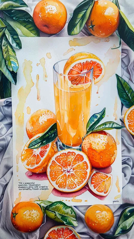 这是一副水彩写实细节插画，描绘了一个玻璃杯，杯内有橙汁，周围点缀着新鲜橙子 - style3部分