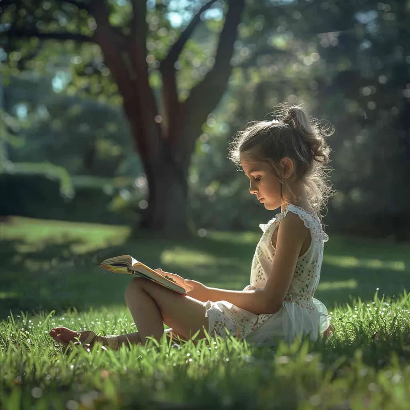 On a sunny morning in the park, a little girl sat on the grass happily reading a book, with realistic photos and natural lighting, - style2部分