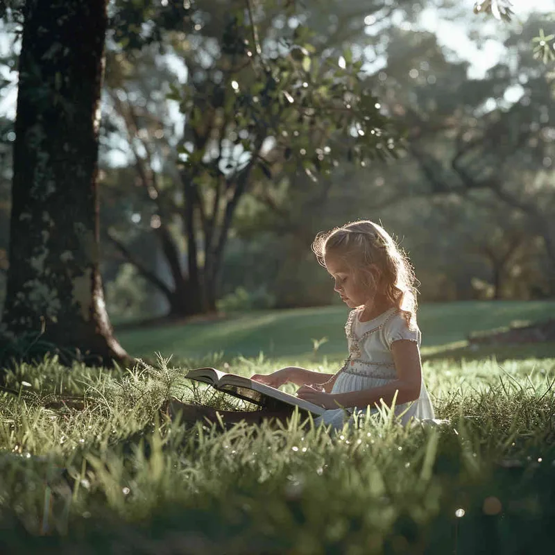 On a sunny morning in the park, a little girl sat on the grass happily reading a book, with realistic photos and natural lighting, - style3部分