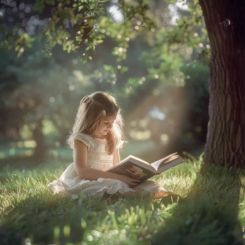 On a sunny morning in the park, a little girl sat on the grass happily reading a book, with realistic photos and natural lighting, - style4部分