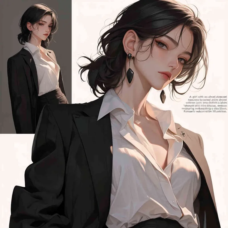 中性板寸超短头发女孩，身穿白色棉麻禁欲系衬衫，外搭黑色西装，全身形象，韩漫立绘风格  - style4部分