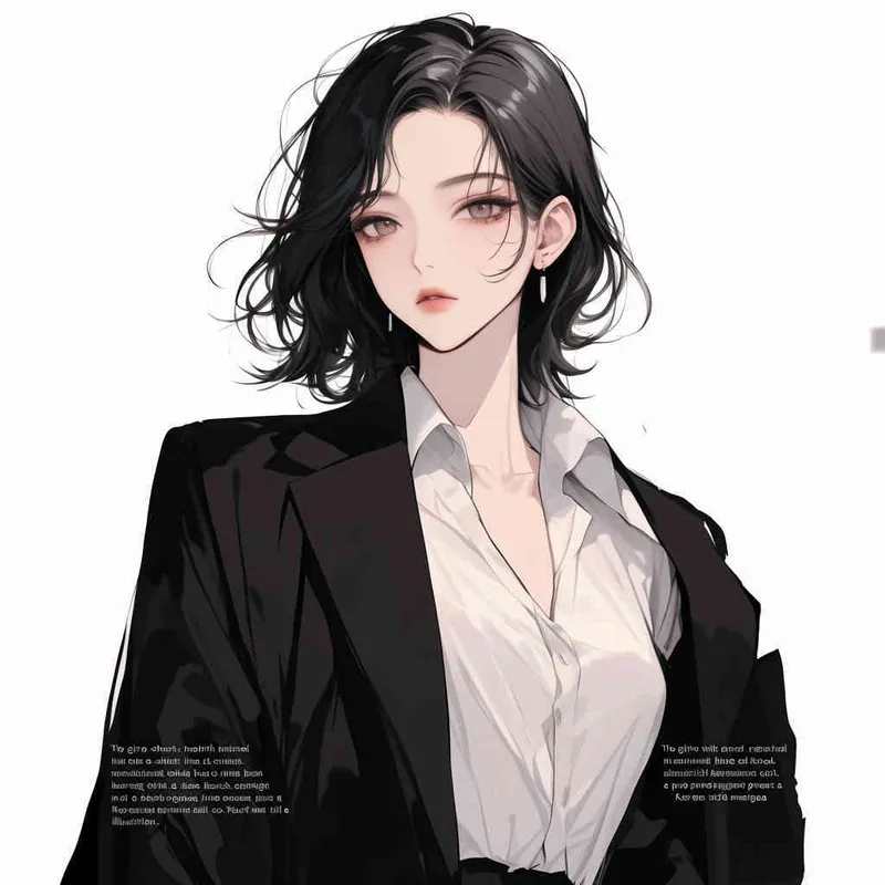 中性板寸超短头发禁欲系女孩，身穿白色棉麻禁欲系衬衫，外搭黑色西装，全身形象，纯白色背景，韩漫立绘风格 - style1部分